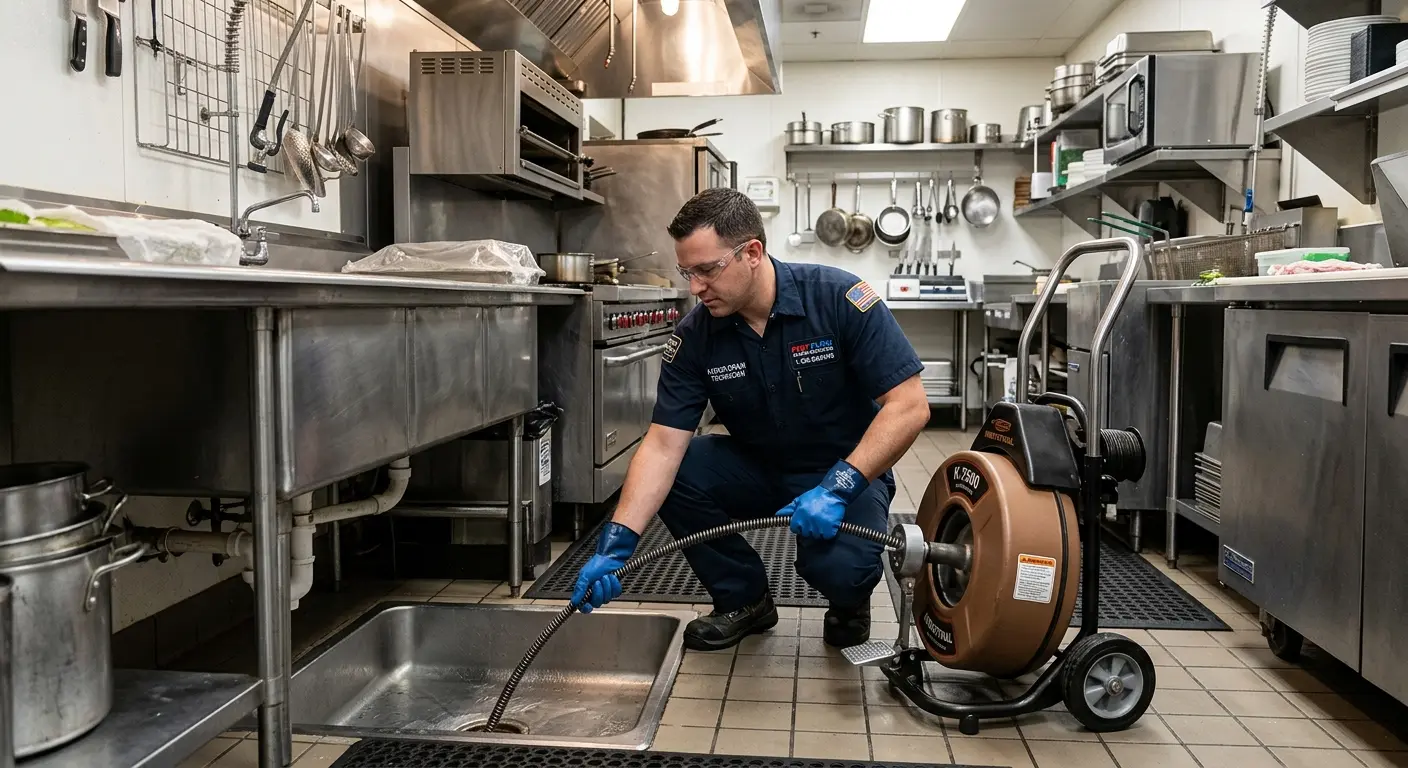 Commercial drain cleaning service in a restaurant kitchen in Phelps