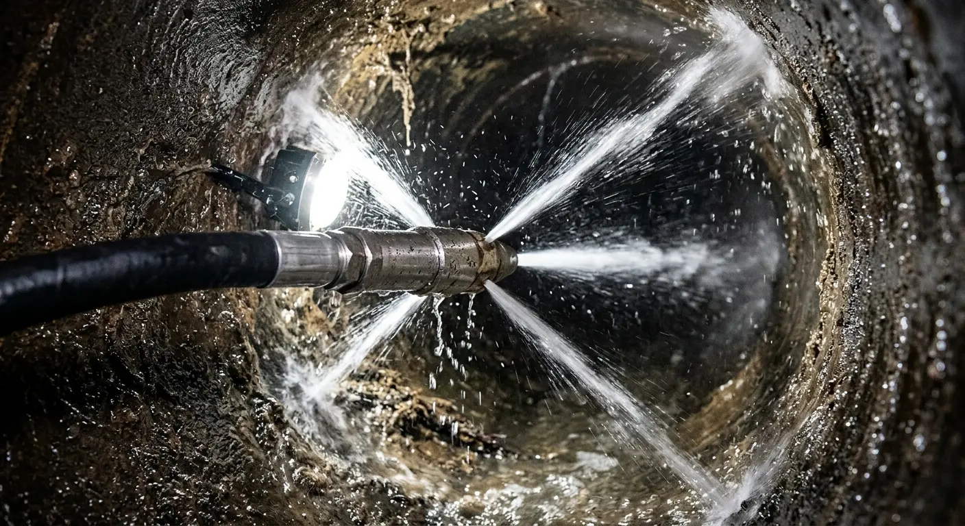 High-pressure hydro jetting nozzle cleaning sewer pipe for Sewer Line Relining in Phelps
