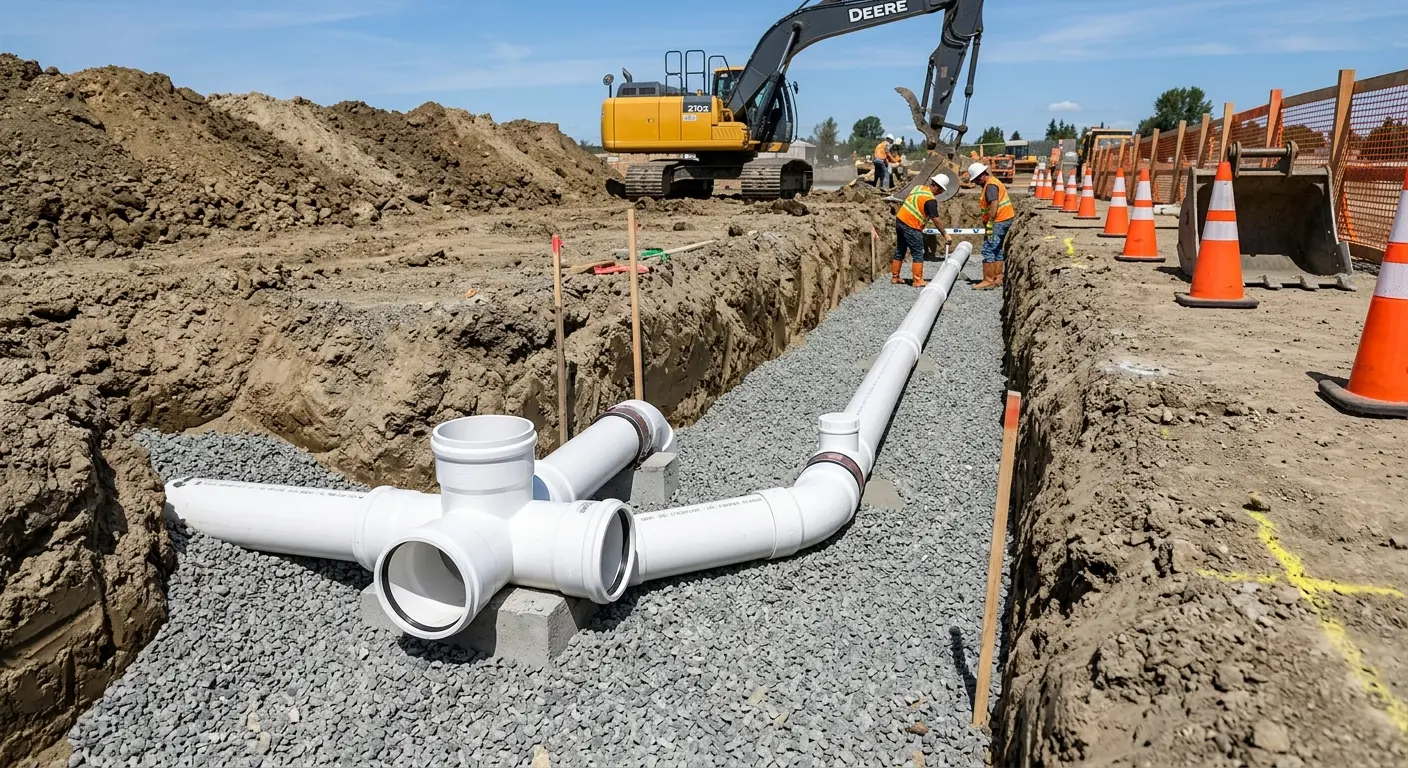 New PVC sewer pipe installation in open trench for Grease Trap Cleaning in Phelps