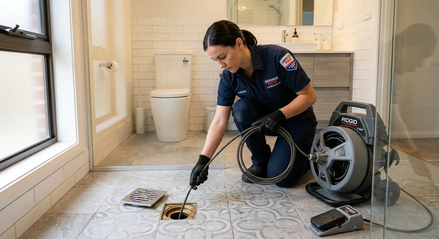 Technician clearing a bathroom floor drain for Sewer Line Installation in Phelps
